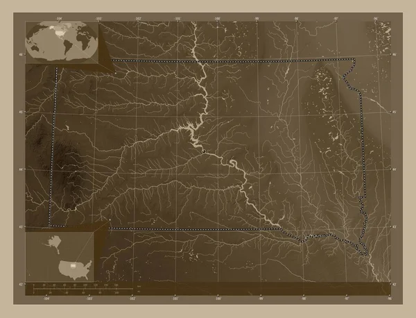 Jižní Dakota Stát Spojené Státy Americké Zdvihová Mapa Zbarvená Sépiovými — Stock fotografie