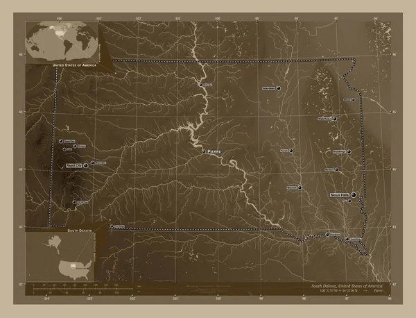 Güney Dakota Amerika Birleşik Devletleri Yükseklik Haritası Sepya Tonlarında Göller — Stok fotoğraf