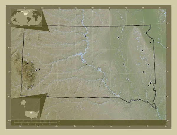 サウスダコタ州 アメリカ合衆国の州 湖や川とWikiスタイルで着色された標高マップ 地域の主要都市の場所 コーナー補助位置図 — ストック写真