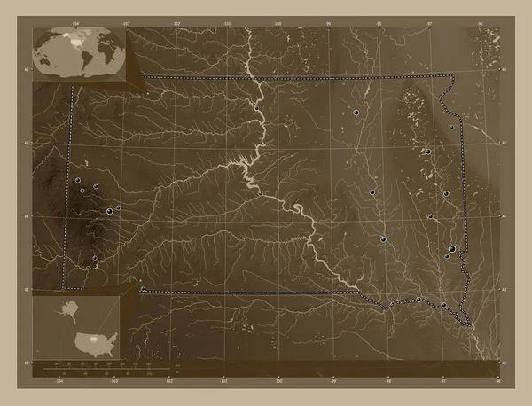 Южная Дакота Штат Соединенные Штаты Америки Карта Высоты Окрашенная Сепиевые — стоковое фото
