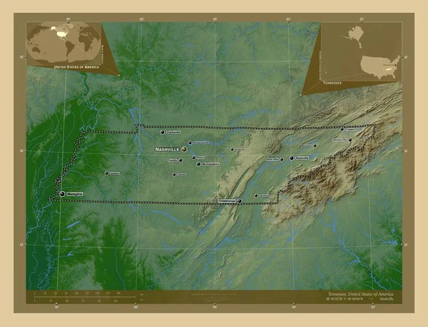 テネシー州 アメリカ合衆国の州 湖や川と色の標高マップ 地域の主要都市の位置と名前 コーナー補助位置図 — ストック写真