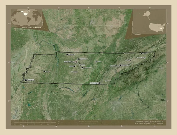 テネシー州 アメリカ合衆国の州 高解像度衛星地図 地域の主要都市の位置と名前 コーナー補助位置図 — ストック写真