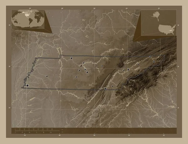 Tennessee Stát Spojené Státy Americké Zdvihová Mapa Zbarvená Sépiovými Tóny — Stock fotografie