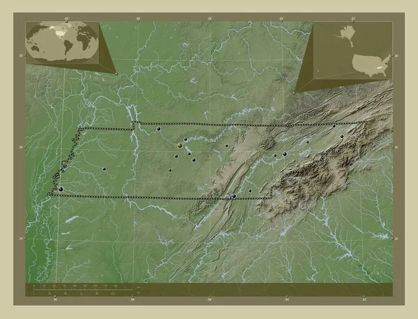 テネシー州 アメリカ合衆国の州 湖や川とWikiスタイルで着色された標高マップ 地域の主要都市の場所 コーナー補助位置図 — ストック写真