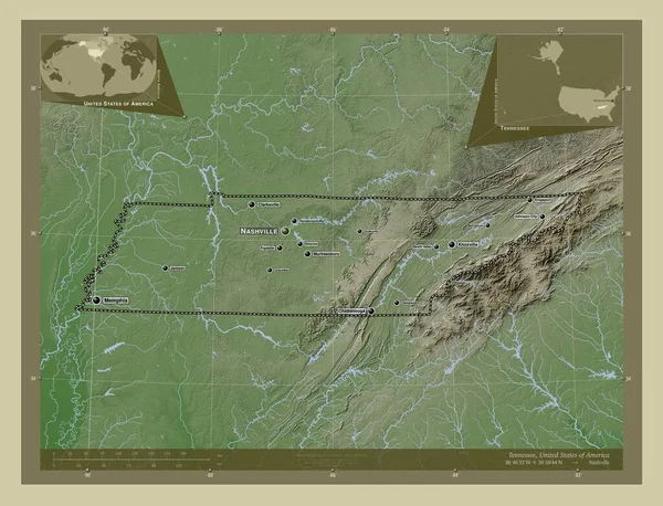 田纳西州 美利坚合众国 用Wiki风格绘制的带有湖泊和河流的高程地图 该区域主要城市的地点和名称 角辅助位置图 — 图库照片
