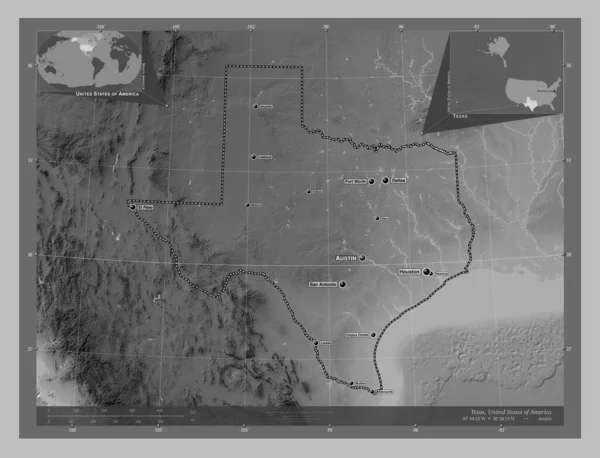 Texas State United States America Grayscale Elevation Map Lakes Rivers — Stock Photo, Image
