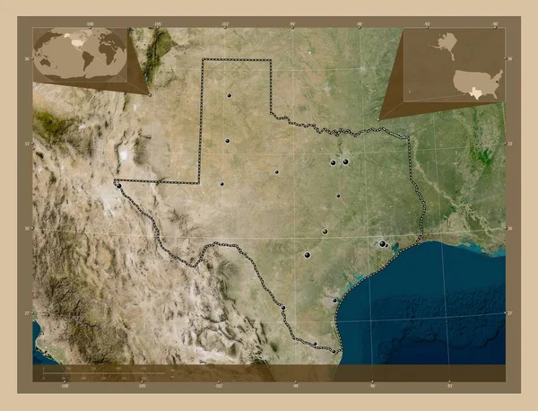 テキサス州 アメリカ合衆国の州 低解像度衛星地図 地域の主要都市の場所 コーナー補助位置図 — ストック写真