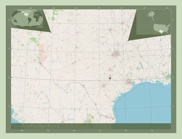 テキサス州 アメリカ合衆国の州 ストリートマップを開く コーナー補助位置図 — ストック写真