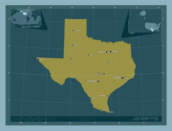 得克萨斯州 美利坚合众国的一个州 固体的颜色形状 该区域主要城市的地点和名称 角辅助位置图 — 图库照片