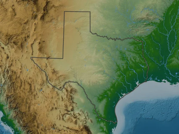 Техас Штат Соединенные Штаты Америки Цветная Карта Высот Озерами Реками — стоковое фото