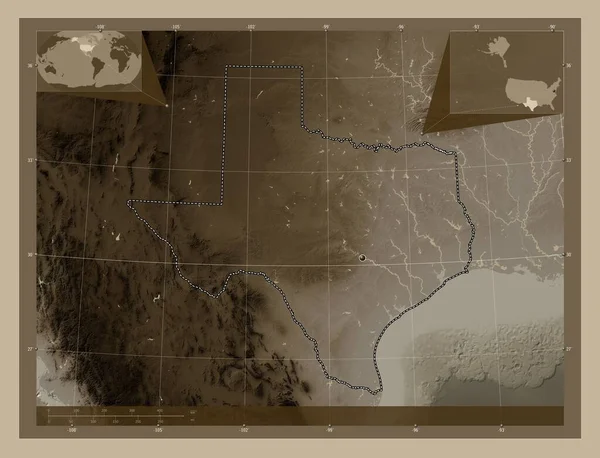 Texas Bundesstaat Der Vereinigten Staaten Von Amerika Höhenkarte Sepiatönen Mit — Stockfoto