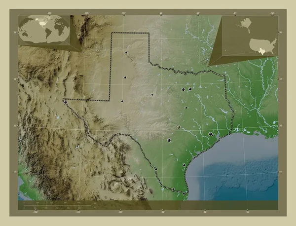 テキサス州 アメリカ合衆国の州 湖や川とWikiスタイルで着色された標高マップ 地域の主要都市の場所 コーナー補助位置図 — ストック写真