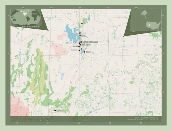 犹他州 美利坚合众国的一个州 开放街道地图 该区域主要城市的地点和名称 角辅助位置图 — 图库照片