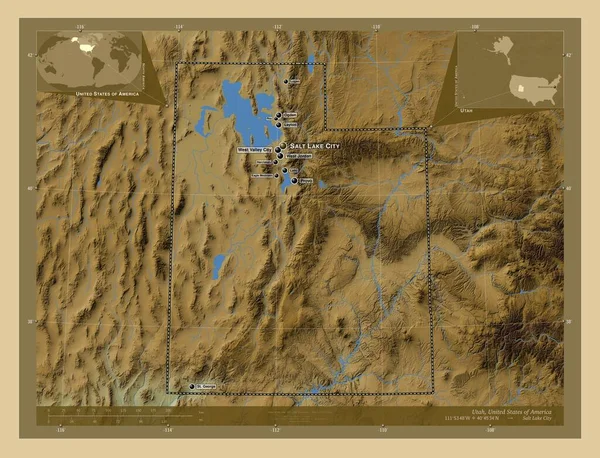 ユタ州 アメリカ合衆国の州 湖や川と色の標高マップ 地域の主要都市の位置と名前 コーナー補助位置図 — ストック写真
