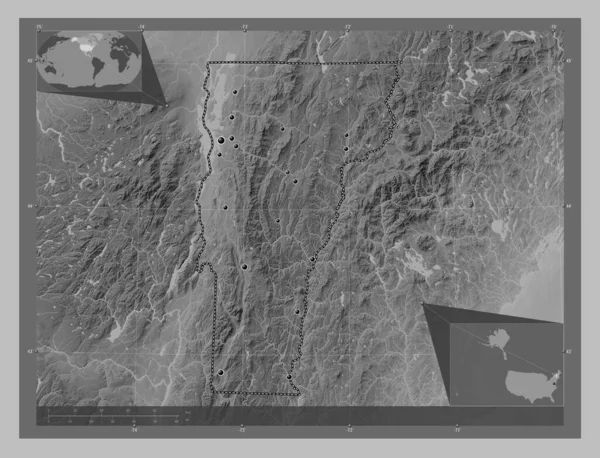 美利坚合众国 佛蒙特州 带有湖泊和河流的灰度高程图 该区域主要城市的所在地点 角辅助位置图 — 图库照片