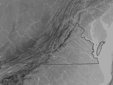 Virginia, Amerika Birleşik Devletleri. Gölleri ve nehirleri olan gri tonlama yükseklik haritası