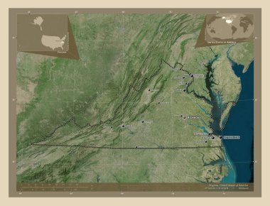 Virginia, Amerika Birleşik Devletleri. Yüksek çözünürlüklü uydu. Bölgenin büyük şehirlerinin yerleri ve isimleri. Köşedeki yedek konum haritaları