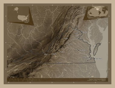 Virginia, Amerika Birleşik Devletleri. Yükseklik haritası sepya tonlarında göller ve nehirlerle renklendirilmiş. Bölgenin büyük şehirlerinin yerleri ve isimleri. Köşedeki yedek konum haritaları