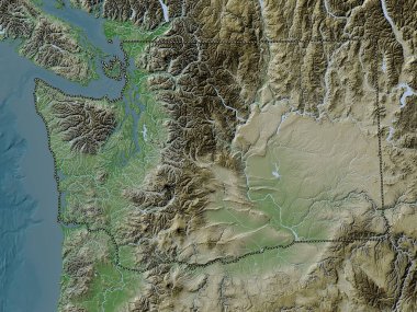 Washington, Amerika Birleşik Devletleri. Yükseklik haritası göller ve nehirlerle wiki stilinde renklendirilmiştir