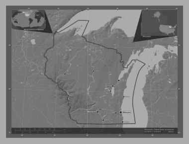 Wisconsin, Amerika Birleşik Devletleri. Göllü ve nehirli çift katlı yükseklik haritası. Bölgenin büyük şehirlerinin yerleri ve isimleri. Köşedeki yedek konum haritaları