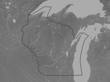 Wisconsin, Amerika Birleşik Devletleri. Gölleri ve nehirleri olan gri tonlama yükseklik haritası