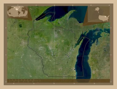 Wisconsin, Amerika Birleşik Devletleri. Düşük çözünürlüklü uydu. Bölgenin büyük şehirlerinin yerleri. Köşedeki yedek konum haritaları