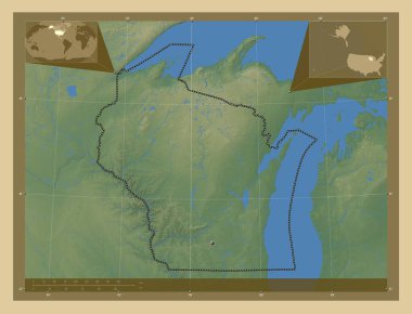 Wisconsin, Amerika Birleşik Devletleri. Gölleri ve nehirleri olan renkli yükseklik haritası. Köşedeki yedek konum haritaları