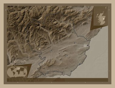 Angus, İskoçya bölgesi - Büyük Britanya. Yükseklik haritası sepya tonlarında göller ve nehirlerle renklendirilmiş. Bölgenin büyük şehirlerinin yerleri. Köşedeki yedek konum haritaları