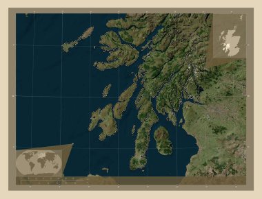 Argyll ve Bute, İskoçya bölgesi - Büyük Britanya. Yüksek çözünürlüklü uydu. Bölgenin büyük şehirlerinin yerleri. Köşedeki yedek konum haritaları