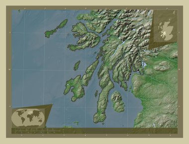 Argyll ve Bute, İskoçya bölgesi - Büyük Britanya. Yükseklik haritası göller ve nehirlerle wiki tarzında renklendirilmiş. Bölgenin büyük şehirlerinin yerleri. Köşedeki yedek konum haritaları