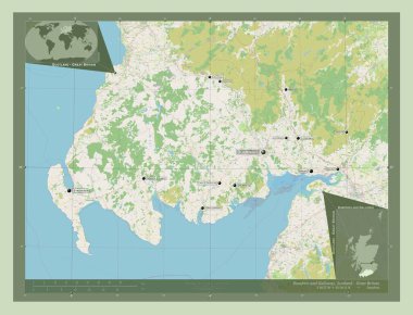 Dumfries ve Galloway, İskoçya bölgesi - Büyük Britanya. Açık Sokak Haritası. Bölgenin büyük şehirlerinin yerleri ve isimleri. Köşedeki yedek konum haritaları