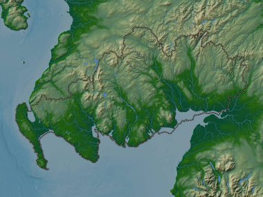 Dumfries ve Galloway, İskoçya bölgesi - Büyük Britanya. Gölleri ve nehirleri olan renkli yükseklik haritası