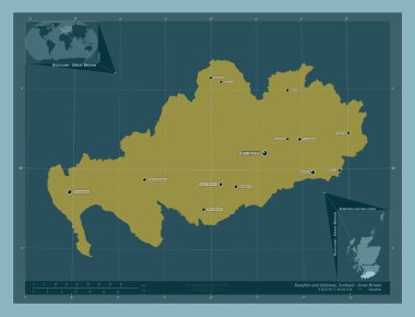 Dumfries ve Galloway, İskoçya bölgesi - Büyük Britanya. Katı renk şekli. Bölgenin büyük şehirlerinin yerleri ve isimleri. Köşedeki yedek konum haritaları