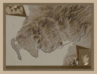 Dumfries ve Galloway, İskoçya bölgesi - Büyük Britanya. Yükseklik haritası sepya tonlarında göller ve nehirlerle renklendirilmiş. Bölgenin büyük şehirlerinin yerleri. Köşedeki yedek konum haritaları