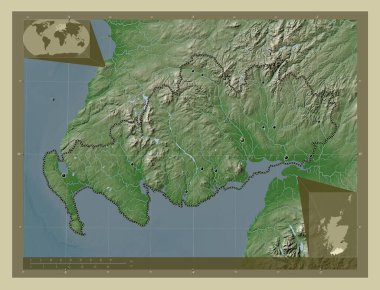 Dumfries ve Galloway, İskoçya bölgesi - Büyük Britanya. Yükseklik haritası göller ve nehirlerle wiki tarzında renklendirilmiş. Bölgenin büyük şehirlerinin yerleri. Köşedeki yedek konum haritaları