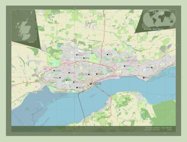 Dundee, İskoçya bölgesi - Büyük Britanya. Açık Sokak Haritası. Bölgenin büyük şehirlerinin yerleri ve isimleri. Köşedeki yedek konum haritaları