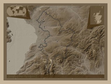 Doğu Ayrshire, İskoçya Bölgesi - Büyük Britanya. Yükseklik haritası sepya tonlarında göller ve nehirlerle renklendirilmiş. Bölgenin büyük şehirlerinin yerleri. Köşedeki yedek konum haritaları