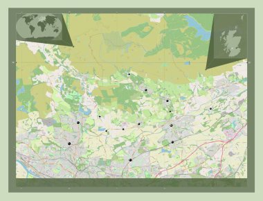 Doğu Dunbartonshire, İskoçya bölgesi - Büyük Britanya. Açık Sokak Haritası. Bölgenin büyük şehirlerinin yerleri. Köşedeki yedek konum haritaları