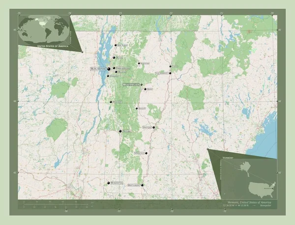 バーモント州 アメリカ合衆国の州 ストリートマップを開く 地域の主要都市の位置と名前 コーナー補助位置図 — ストック写真