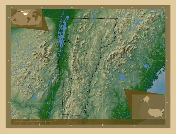 Vermont Amerikas Forenede Stater Farvet Elevationskort Med Søer Floder Steder - Stock-foto