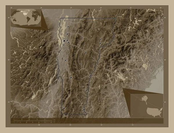 Vermont Bundesstaat Der Vereinigten Staaten Von Amerika Höhenkarte Sepiatönen Mit — Stockfoto