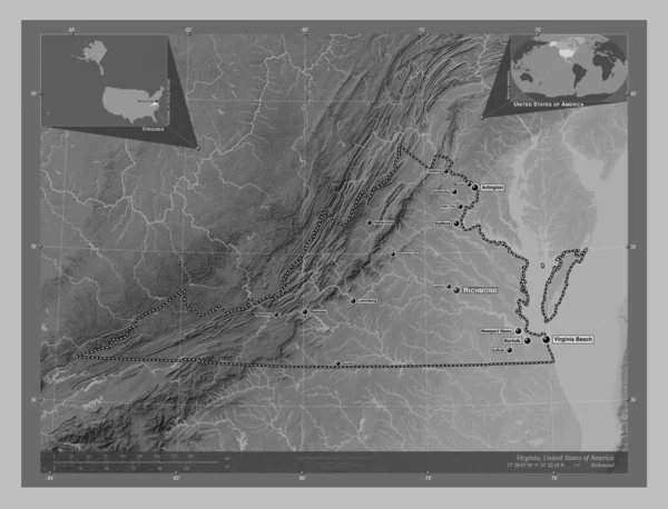 Virginia Stan Stany Zjednoczone Ameryki Mapa Wzniesień Skali Szarości Jeziorami — Zdjęcie stockowe