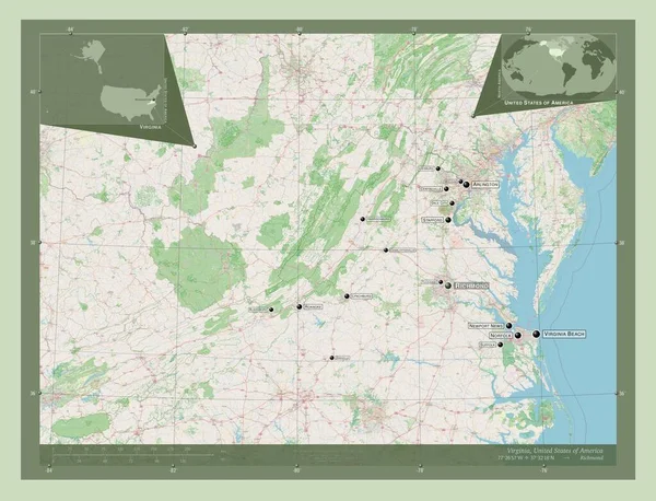 Virginia Amerikai Egyesült Államok Nyílt Utcai Térkép Régió Nagyvárosainak Elhelyezkedése — Stock Fotó