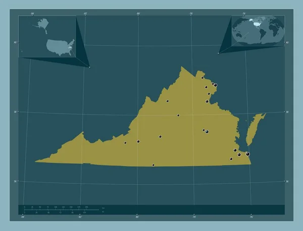 バージニア州 アメリカ合衆国の州 しっかりした色の形 地域の主要都市の場所 コーナー補助位置図 — ストック写真