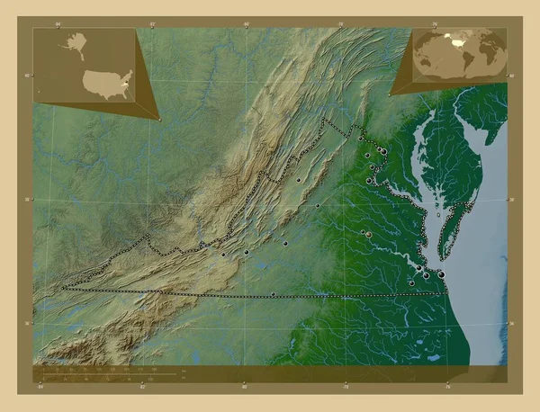 弗吉尼亚 美利坚合众国的一个州 有湖泊和河流的彩色高程图 该区域主要城市的所在地点 角辅助位置图 — 图库照片