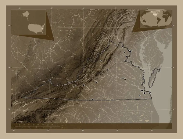 バージニア州 アメリカ合衆国の州 湖や川とセピアトーンで着色された標高マップ 地域の主要都市の場所 コーナー補助位置図 — ストック写真