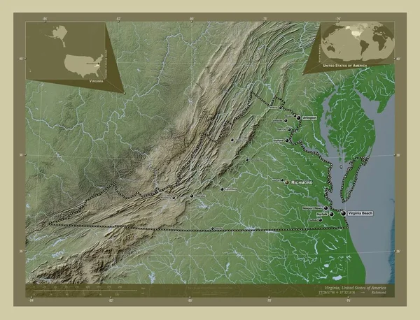 バージニア州 アメリカ合衆国の州 湖や川とWikiスタイルで着色された標高マップ 地域の主要都市の位置と名前 コーナー補助位置図 — ストック写真