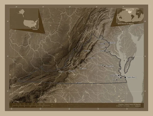 バージニア州 アメリカ合衆国の州 湖や川とセピアトーンで着色された標高マップ 地域の主要都市の位置と名前 コーナー補助位置図 — ストック写真