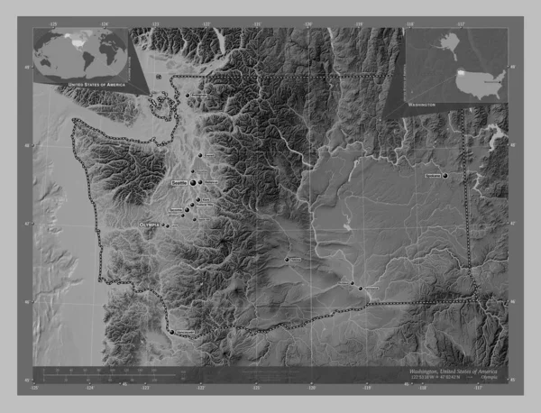 美国华盛顿州Washington State America 带有湖泊和河流的灰度高程图 该区域主要城市的地点和名称 角辅助位置图 — 图库照片