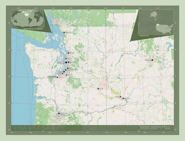 ワシントン アメリカ合衆国の州 ストリートマップを開く 地域の主要都市の位置と名前 コーナー補助位置図 — ストック写真